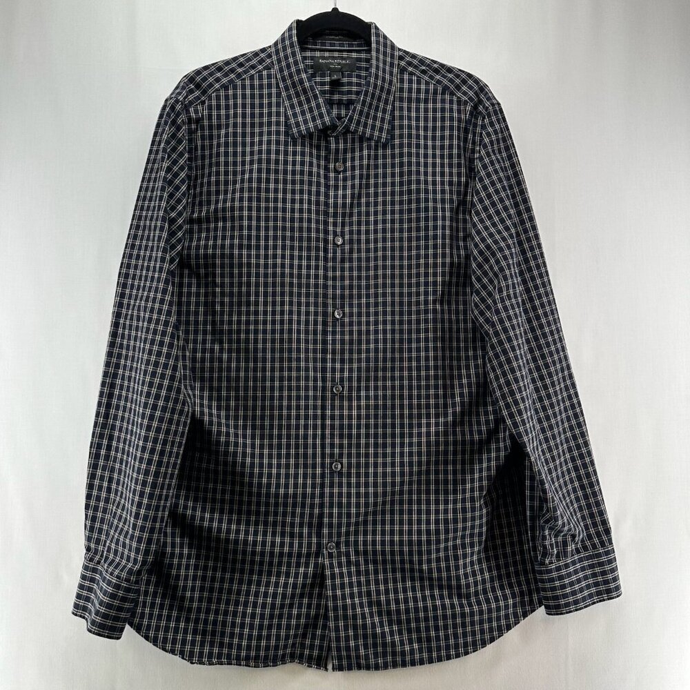 Banana Republic Button Up Shirt L Black Plaid Long Sleeve Non Iron Standard Fit